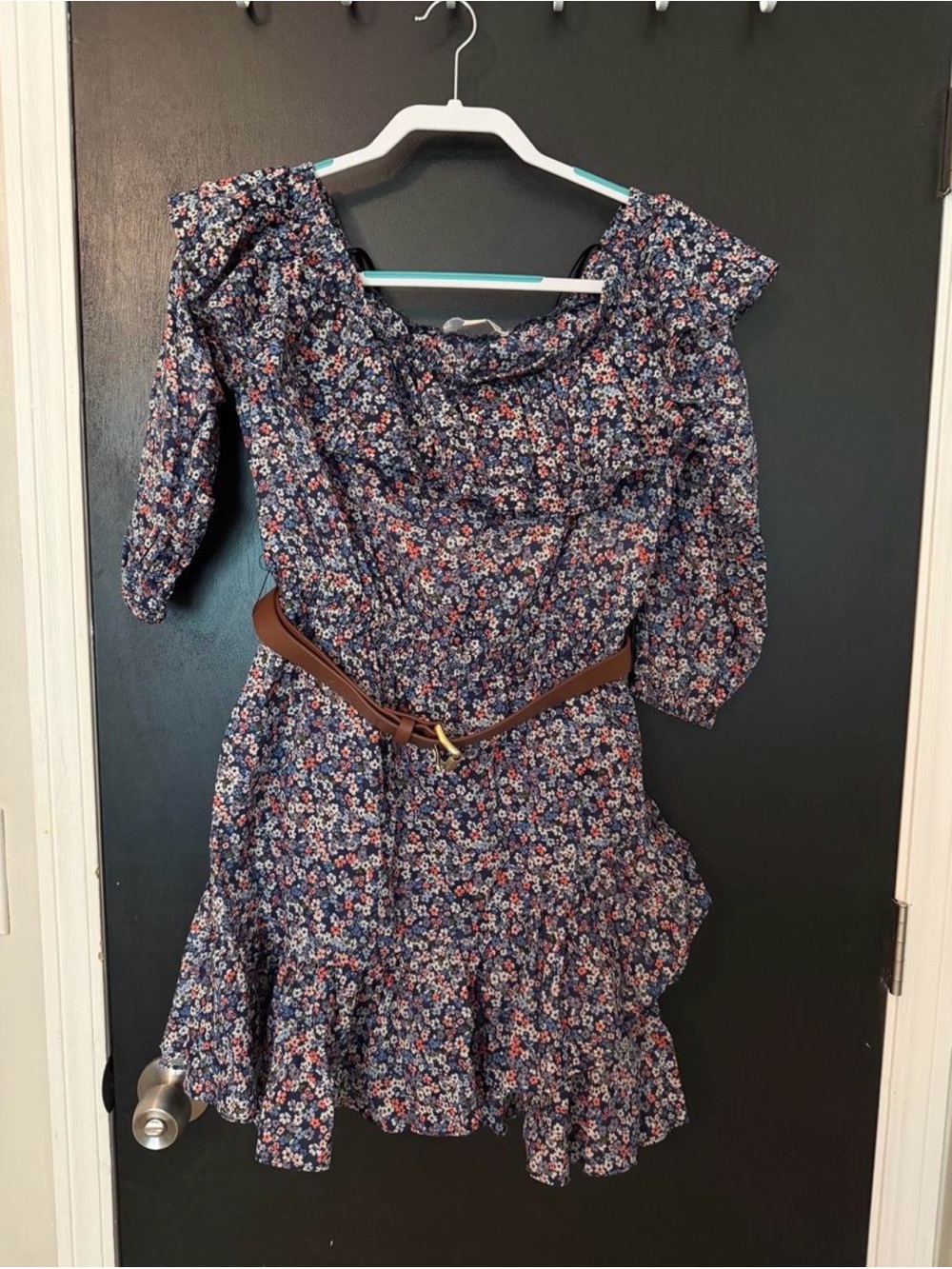 Floral Ruffled Navy Women’s Dress with Belt